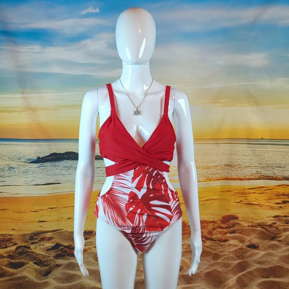 Lavendre sz L Tropical Leaves Cut Out Back Wrap Around Tie Monokini